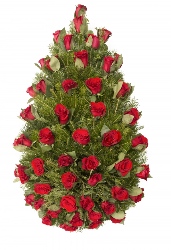 Coroana funerara clasica din trandafiri rosii.